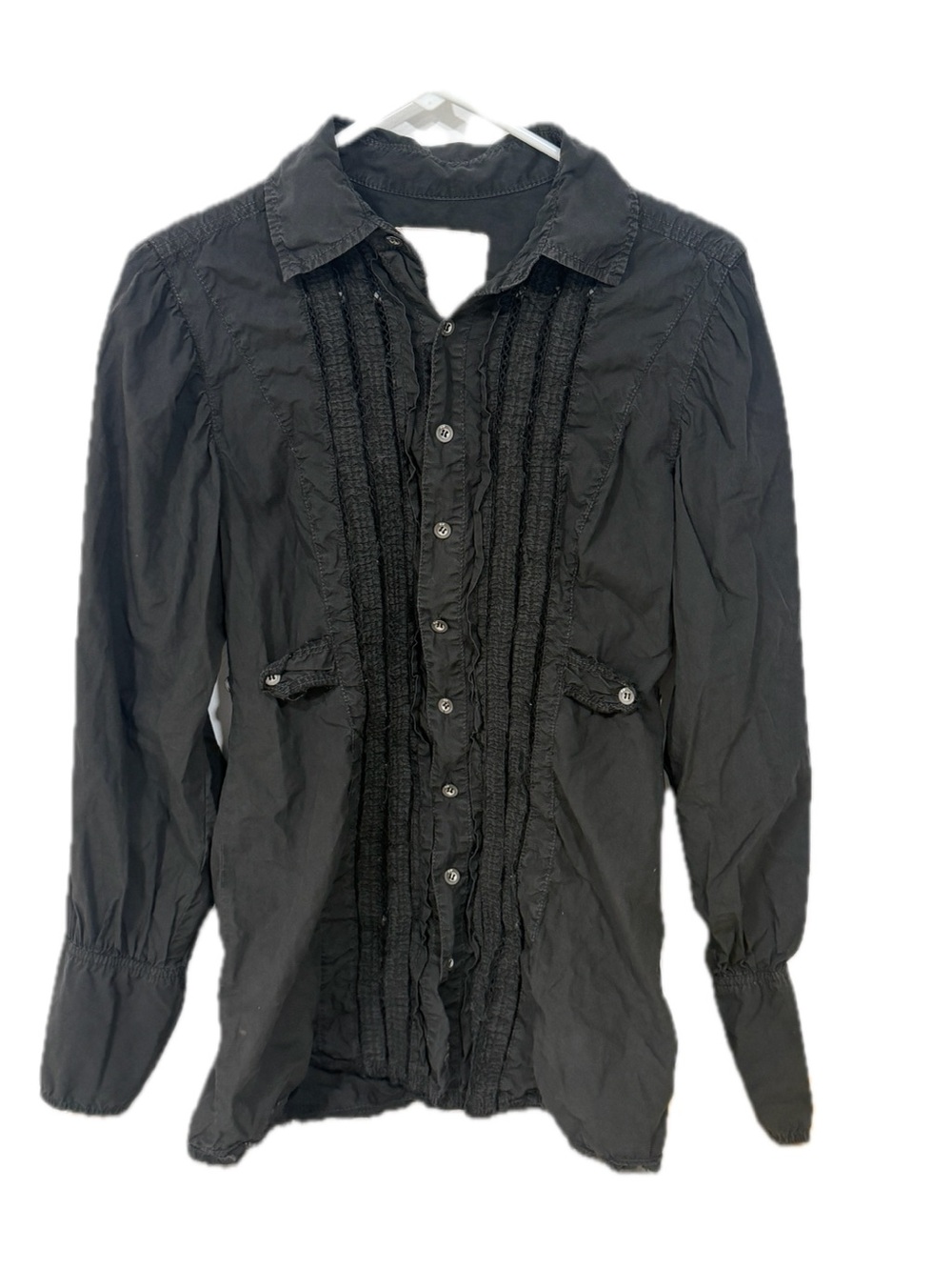 Free People 100% Cotton Black Women's Button-Front Ruffled Shirt